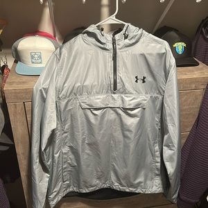 Large grey under armor windbreaker style hooded jacket